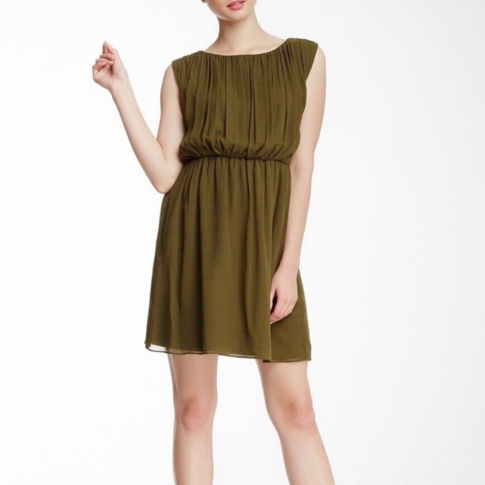 New Alice + Olivia Josie 100% silk blouson olive dress XS